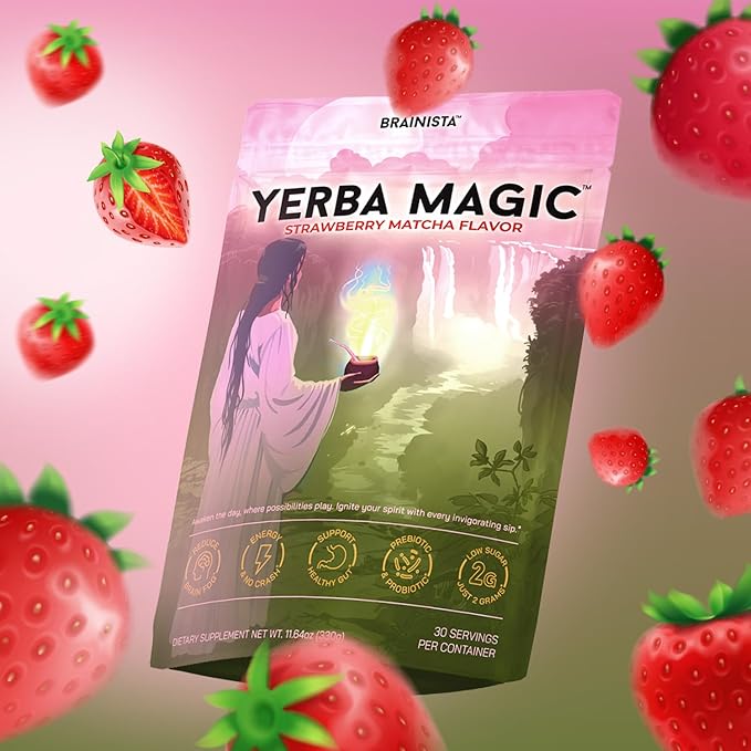 Yerba Magic Strawberry Matcha Instant Tea, 3-in-1 Super Drink - Clean Energy, Brain Fog Buster, and Gut Health Powered by Nootropics, Prebiotics and Probiotics | Yerba Mate 20 Stick Packs