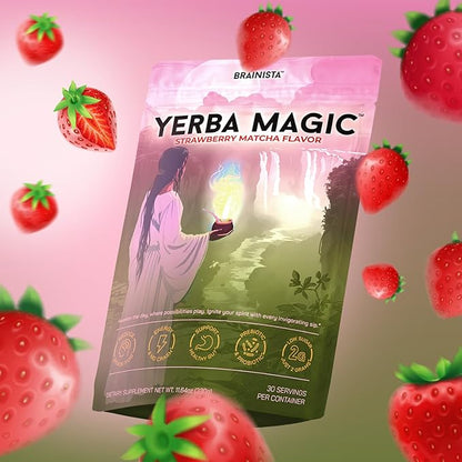 Yerba Magic Strawberry Matcha Instant Tea, 3-in-1 Super Drink - Clean Energy, Brain Fog Buster, and Gut Health Powered by Nootropics, Prebiotics and Probiotics | Yerba Mate 20 Stick Packs