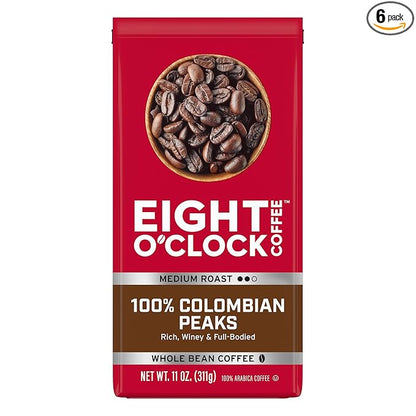 Eight O'Clock Coffee 100% Colombian Peaks Whole Bean Coffee, Medium Roast, 11 Ounce (Pack of 6) - Rich, Winey & Full Bodied