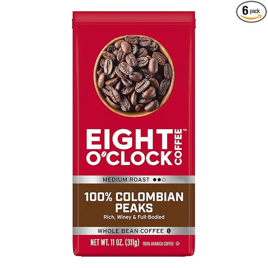 Eight O'Clock Coffee 100% Colombian Peaks Whole Bean Coffee, Medium Roast, 11 Ounce (Pack of 6) - Rich, Winey & Full Bodied