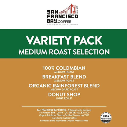 San Francisco Bay Compostable Coffee Pods - Variety Pack Medium Roast (40 Ct) K Cup Compatible including Keurig 2.0, Colombian, Breakfast, Organic Rainforest, Donut Shop