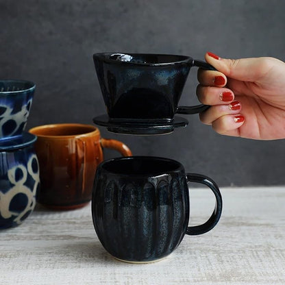 Asayu Japan Ceramic Coffee Pour Over Maker Set in Dark Navy Blue, Slow Brewing Paper Filter Holder and Dripper with 3 Holes for Coffee and Tea - Complete 2PCS Set