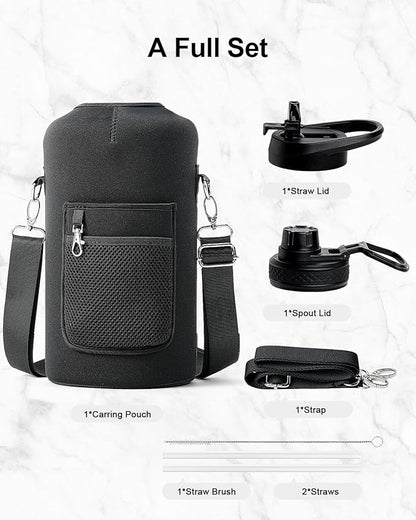 Trebo 128 oz Water Bottle Insulated with Handle, One Gallon Stainless Steel Metal Large Jug, Travel Flask with Straw Spout Lid, Mug Tumbler Cup with Carry Pouch, Keep Cold Hot, Indigo Black