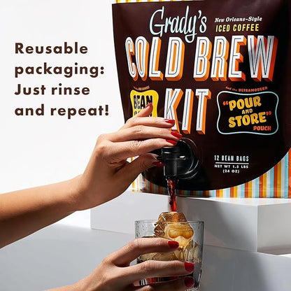 GRADY’S COLD BREW, New Orleans Style, 100% Arabica Ground Coffee & Chicory Pouches, All-in-One Cold Brew Kit with 12 Easy-to-Brew Beans Bags, Makes 36 drinks