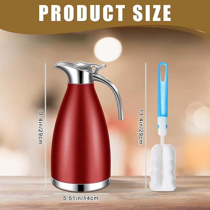 Uiifan 2 Pcs 68 oz Thermal Coffee Carafe Insulated Stainless Steel Coffee Carafe for Hot Liquids Vacuum Thermal Pot Creamer Dispenser with Brushes Keeping Hot Tea Milk Water(Red)