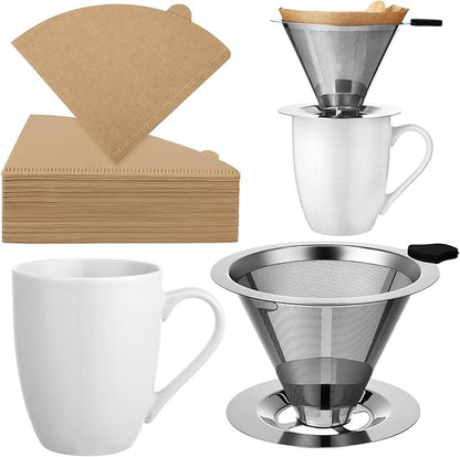 Pour Over Coffee Maker Set Stainless Steel Reusable Pour Over Coffee Dripper Paper Filters and Mug with 100 Pcs Disposable Natural Paper Filters for 1-2 Cup for Cafe Restaurant Home Office