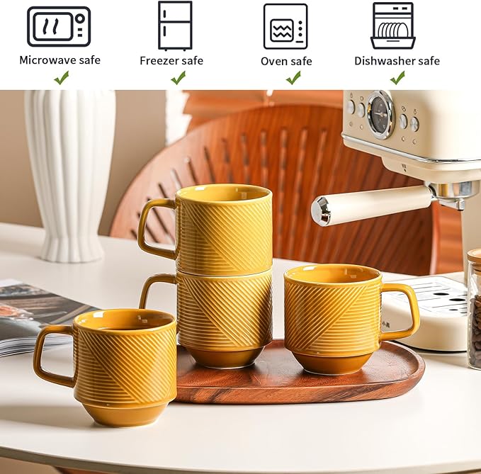 Stackable Coffee Mugs Set: 13 oz Ceramic Stacking Cups for Cappuccino Latte Tea - Microwave Safe Mug for Home & Office - 4 PCS, Mustard Yellow