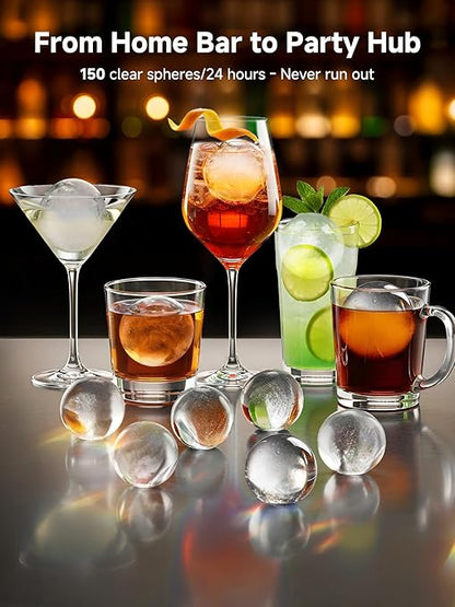 2" Clear Ice Ball Maker with ClearCore Technology, 150 pcs/Day, 4 pcs in 38 Mins, Sphere Ice Maker with Enhanced Insulation, Self-Cleaning, Automatic Water Supply for Whiskey & Bourbon