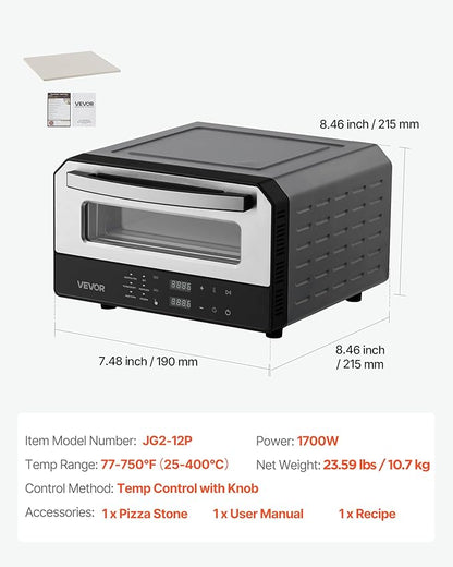 VEVOR Electric Pizza Oven, Smart Pizzas Maker Indoor with 5 Preset, 12-Inch Countertop Pizza Cooker w/Touch Srceen, 750℉ Max Temp, 2-Min Rapid Baking Oven Thin & Crispy, Neapolitan, Frozen, New York