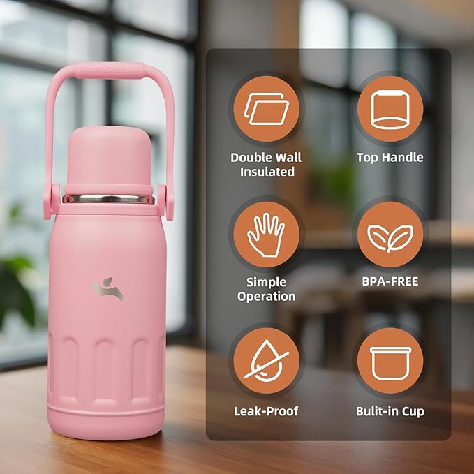 Insulated Water Bottle with Handle and Strap,Vacuum Travel Tumbler with Cup Lid,Thermo Coffee Cup for Hot Cold Drinks 27 OZ,Pink