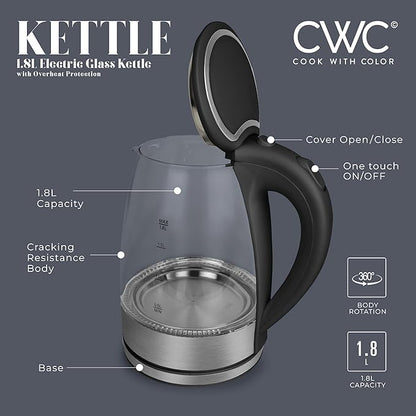 COOK WITH COLOR Electric Tea Kettle, 1.8L Cordless Hot Water Boiler, 1200W Rapid Boil, Auto Shutoff & Boil Dry Protection, BPA-Free, Sleek Countertop Design, Black