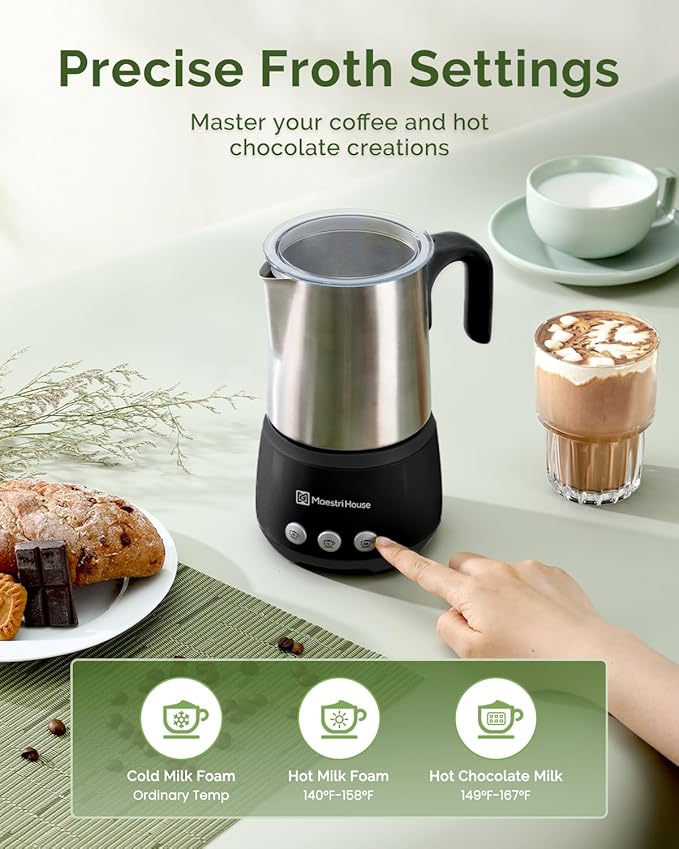 Maestri House Milk Frother, 4-in-1 Electric Milk Steamer and Frother, 16.9OZ 600W Smart Touch Control Hot and Cold Foam Maker, Memory Function for Latte, Cappuccinos, Warm Milk, Hot Chocolate Milk