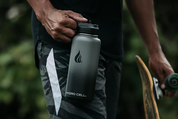 HYDRO CELL Stainless Steel Insulated Water Bottle with Straw - For Cold & Hot Drinks - Metal Vacuum Flask with Screw Cap and Modern Leakproof Sport Thermos for Adults (Graphite/Black 32oz)