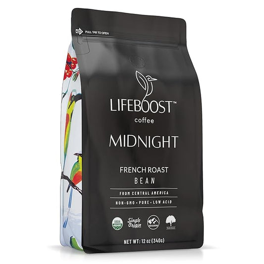 Lifeboost Midnight French Roast Coffee Beans - Single Origin Non-GMO USDA Organic Low Acid French Roast Coffee - Third Party Tested For Mycotoxins & Pesticides - 12 Ounces