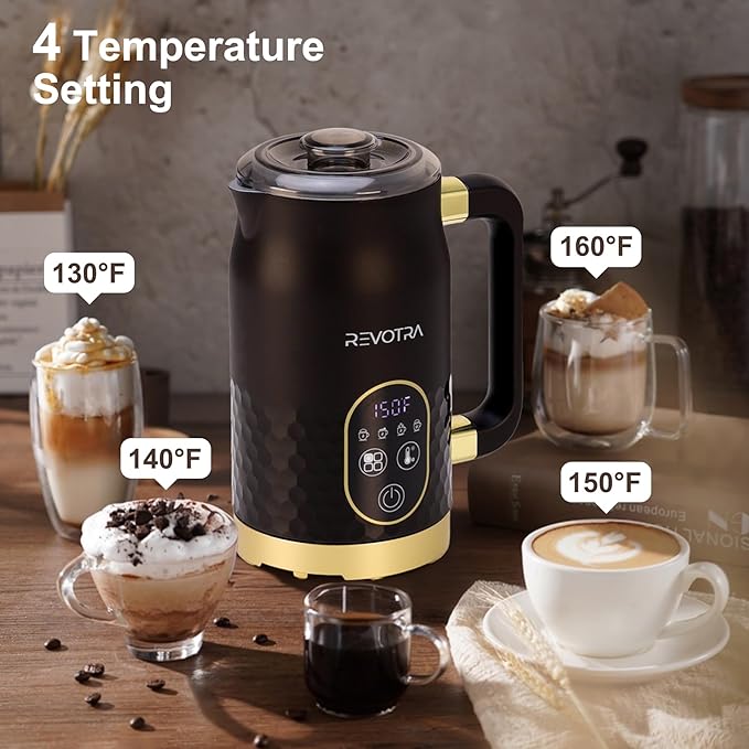 Milk Frother with Touchscreen & Temp Display, 4-in-1 Electric Milk Steamer for Hot & Cold Foam, Adjustable Temperature, Silent Operation, 300ml Non-Stick Frother for Coffee, Latte, Hot Chocolate