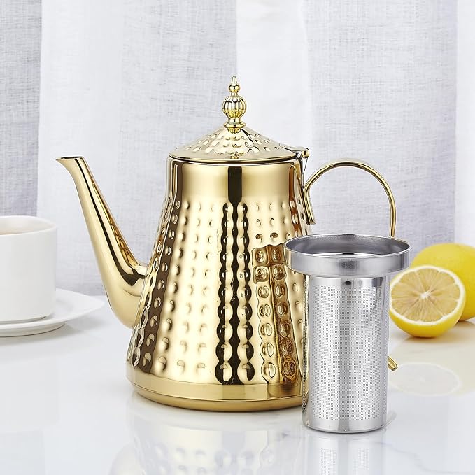 SANQIAHOME 1.6L(54oz) Stainless Steel Hammer Patterned Teapot With Removeable Infuser,Loose leaf cover,Gold