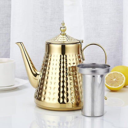 SANQIAHOME 1.6L(54oz) Stainless Steel Hammer Patterned Teapot With Removeable Infuser,Loose leaf cover,Gold