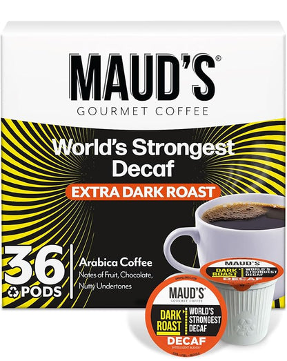Maud's World's Strongest Decaf Dark Roast Coffee Pods, 36 ct, Decaffeinated Dark Roast Coffee in Recyclable Single Serve Pods – 100% Arabica Coffee, Compatible with Keurig K Cups Maker