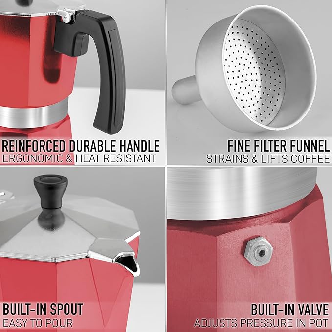 Zulay Moka Pot Espresso Stovetop Coffee Maker - Leak-Proof, Stainless Steel, Easy to Clean, Heat Resistant Handle & Knob - for Authentic Cuban & Italian Style Espresso - Makes 3 Espresso Cups - Red
