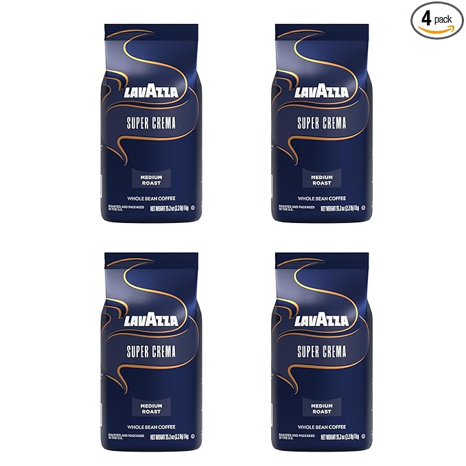 Lavazza Super Crema Whole Bean Coffee, Medium Espresso Roast, Arabica and Robusta Blend, 2.2 lb Bag (Pack of 4)