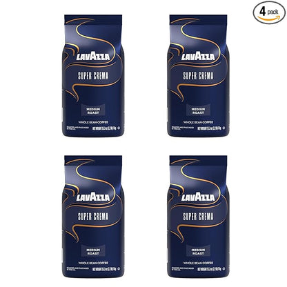 Lavazza Super Crema Whole Bean Coffee, Medium Espresso Roast, Arabica and Robusta Blend, 2.2 lb Bag (Pack of 4)