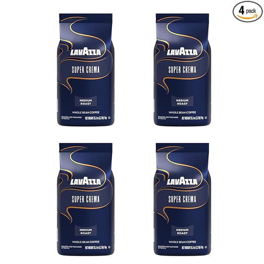 Lavazza Super Crema Whole Bean Coffee, Medium Espresso Roast, Arabica and Robusta Blend, 2.2 lb Bag (Pack of 4)