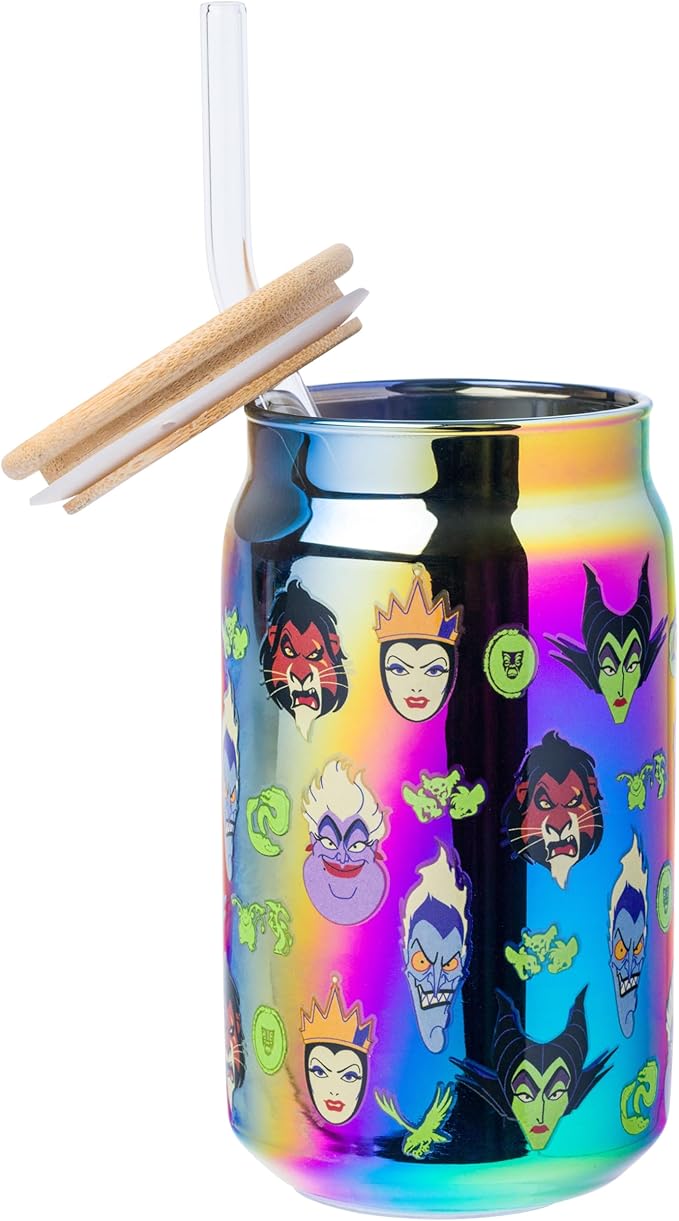 Silver Buffalo Disney Villains Featuring Scar, Maleficent, Ursula, Evil Queen, and Hades Chrome Glass Jar Tumbler with Bamboo Lid and Glass Straw, 16 Ounces