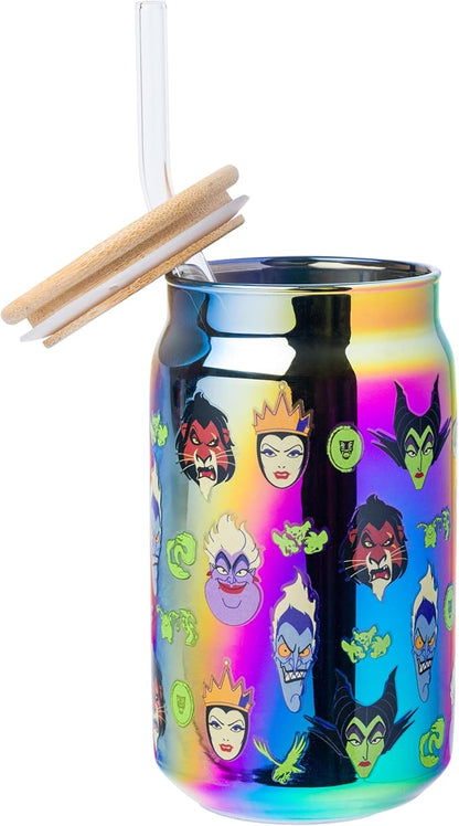 Silver Buffalo Disney Villains Featuring Scar, Maleficent, Ursula, Evil Queen, and Hades Chrome Glass Jar Tumbler with Bamboo Lid and Glass Straw, 16 Ounces
