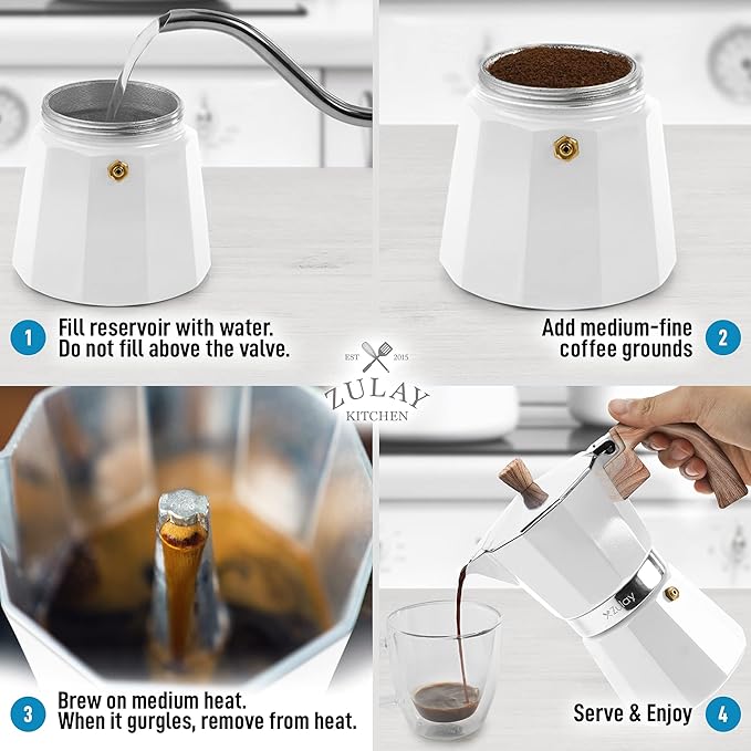 Zulay Kitchen Stovetop Espresso Maker - Moka Pot 6 Espresso Cups - Percolator Coffee Maker for Classic Cuban & Italian Style Espresso - Portable Coffee Maker for Camping & Travel - (White)