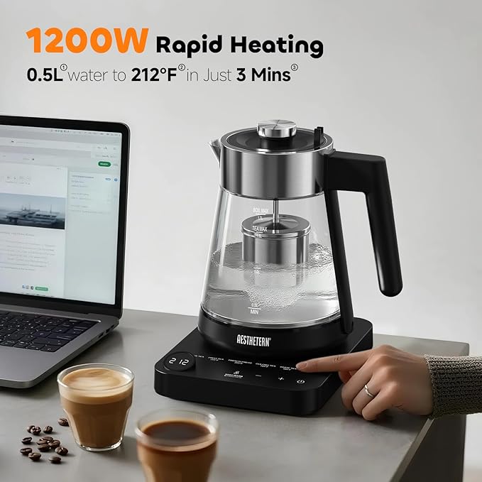 Electric Tea Kettle with Infuser 1.7L Glass Electric Kettle with Temperature Control Automatic Shut Off 12H Keep Warm for Tea Coffee Water Heater, Black