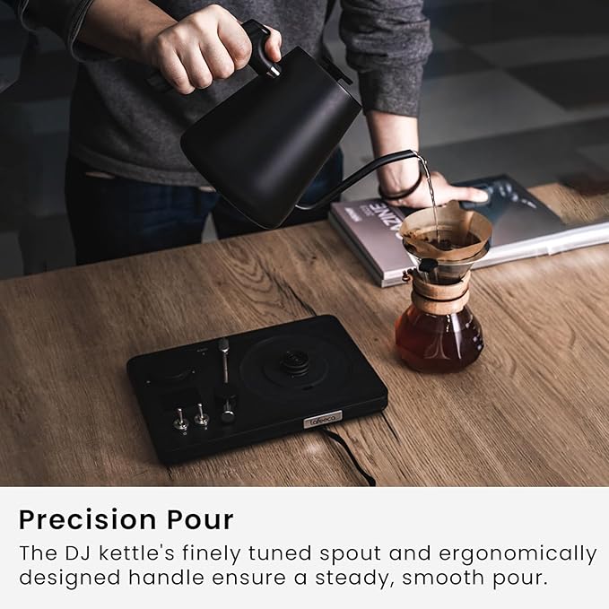 DJ Electric Gooseneck Kettle - Pour Over Coffee & Tea - Turntable Design - Water Boiler - Quick Heating & Temperature Control - Black