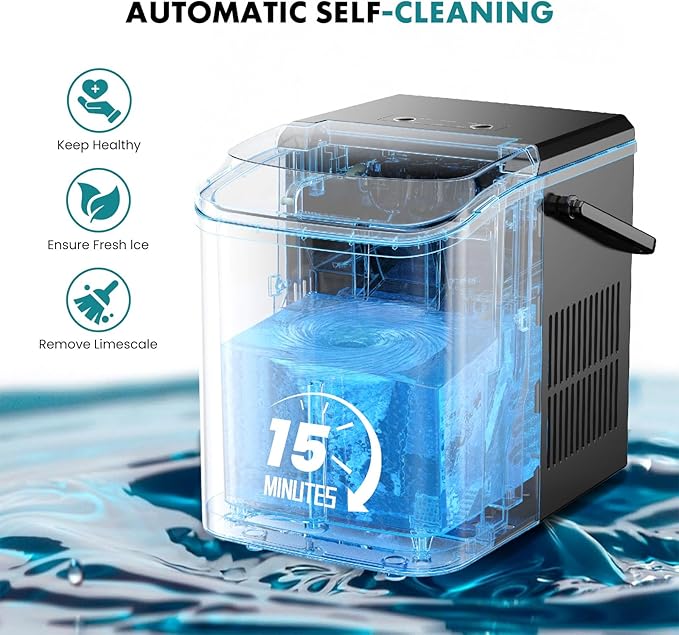 OLIXIS Ice Maker Machine with Handle,26lbs in 24Hrs,9 Ice Cubes in 6 Mins,Auto-Cleaning Portable Ice Maker with Basket and Scoop, Countertop Ice Maker for Home/Kitchen/Camping/RV, Bright Black