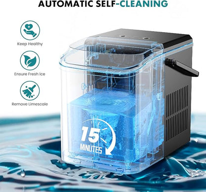 OLIXIS Ice Maker Machine with Handle,26lbs in 24Hrs,9 Ice Cubes in 6 Mins,Auto-Cleaning Portable Ice Maker with Basket and Scoop, Countertop Ice Maker for Home/Kitchen/Camping/RV, Bright Black