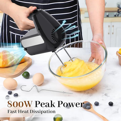 5-Speed Electric Hand Mixer, 800W Handheld Mixer with Turbo for Baking & Cooking, Kitchen Food Mixer with Storage Case & 6 Stainless Steel Attachments (2 Beaters, 2 Dough Hooks, 2 Whisks)-Black