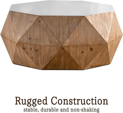 38" Modern Farmhouse Coffee Table, American Retro Style Drum Coffee Table for Office, Dining Room and Living Room, White Tabletop