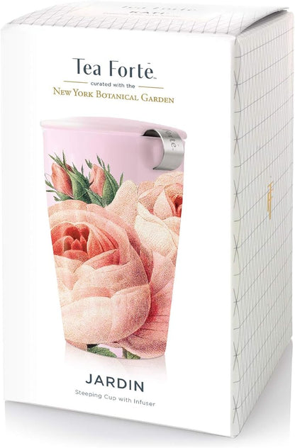 Tea Forte Jardin Double-Walled Ceramic Kati Cup with Removable Stainless Steel Infuser Basket and Lid, Steeps 12 oz Loose Leaf Tea, Lid and Cup Dishwasher & Microwave Safe