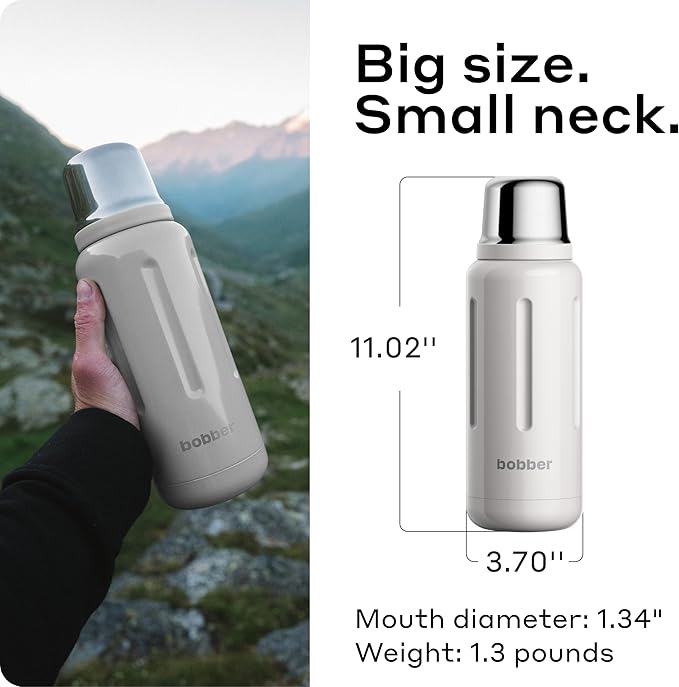 BOBBER 34 oz Stainless Steel Travel Thermos for Hot and Cold Drinks – Dishwasher Safe Metal Water Bottle with Cup Lid – Keeps Hot for 48 Hours – BPA-Free, Vacuum Insulated (Sand Grey)