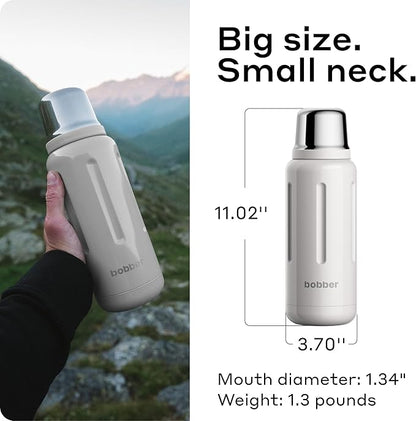 BOBBER 34 oz Stainless Steel Travel Thermos for Hot and Cold Drinks – Dishwasher Safe Metal Water Bottle with Cup Lid – Keeps Hot for 48 Hours – BPA-Free, Vacuum Insulated (Sand Grey)