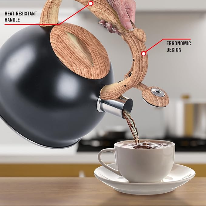 Emeril Lagasse 3.2 Quart/3 Liter Whistling Tea Kettle, Stainless Steel Whistling Tea Pot for Induction Stove Top, Fast to Boil Water for Home Kitchen Condo, with Wood Handle, Black