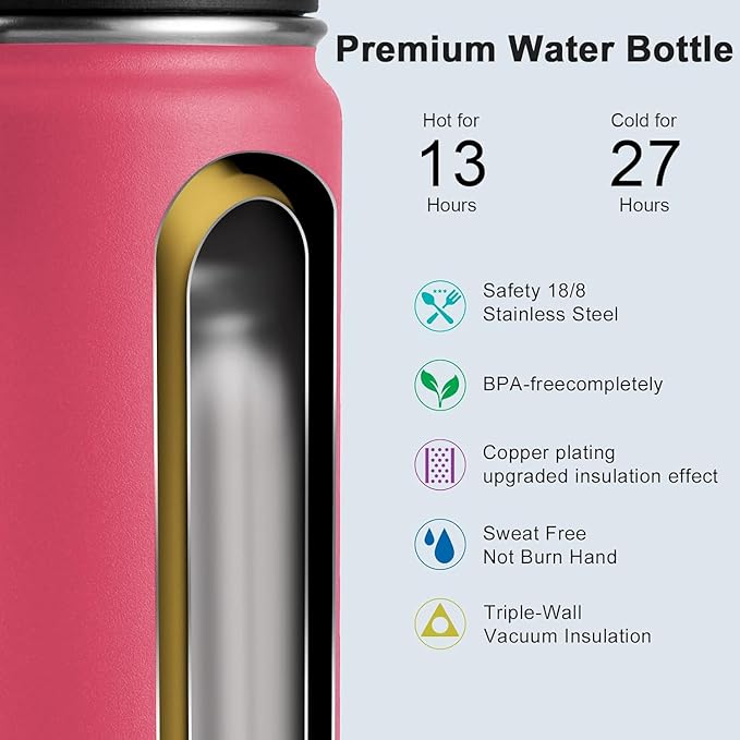 koodee Kids 16oz Stainless Steel Vacuum Insulated Water Bottle for Back to School Wide Mouth Flask with Leakproof Spout Lid (Pink Red)