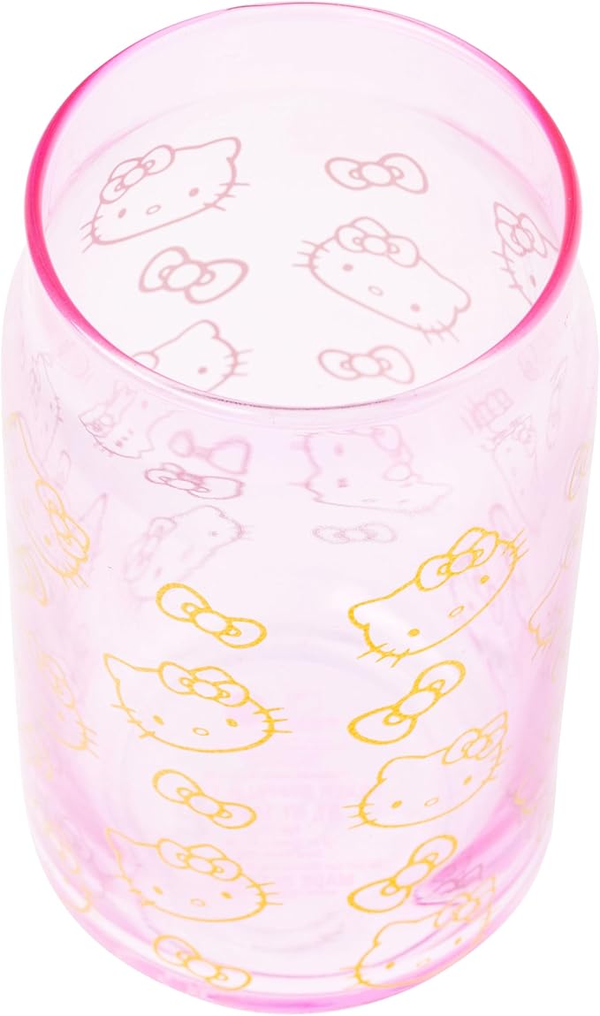 Silver Buffalo Sanrio Hello Kitty Gold 2 Pack Pink Glass Jar Tumbler with Bamboo Lid and Glass Straw, 16 Ounces