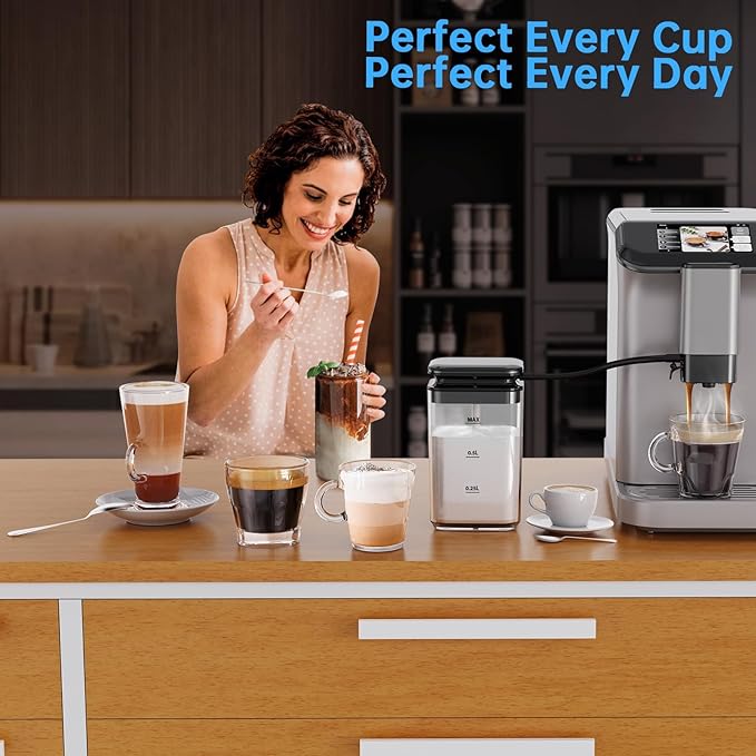 Full Automatic Espresso Machine with Touchscreen, 20-Bar Espresso Machine with Grinder & Milk Frother, 1.5l Removable Water Tank ＆ 15 Grind Settings, for Cappuccino, Latte & Espresso