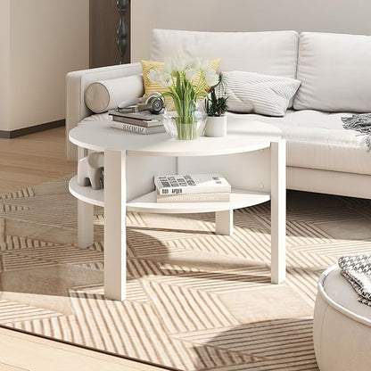 Giantex Round Coffee Table, 2-Tier Mid Century Modern Tea Cocktail Table with Storage Shelves & 4 Side Compartments, Wood Center Table for Living Room, Small Spaces (White)