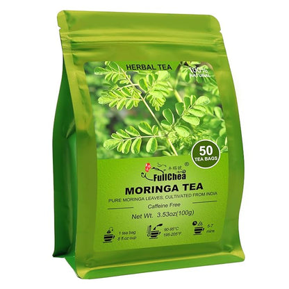 FullChea - Moringa Tea, 50 Teabags - Pure & Natural Moringa Leaves, Cultivated From India - Herbal Tea for Supporting Digestion & Immune System - Non-GMO - Caffeine-free
