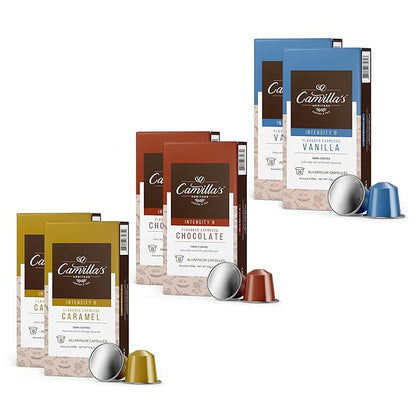 Camilla’s Heritage - Intensity 8 Flavored Espresso Coffee Variety Pack (Gourmet Chocolate, Vanilla & Caramel Espresso Cups) 60 Coffee Pods
