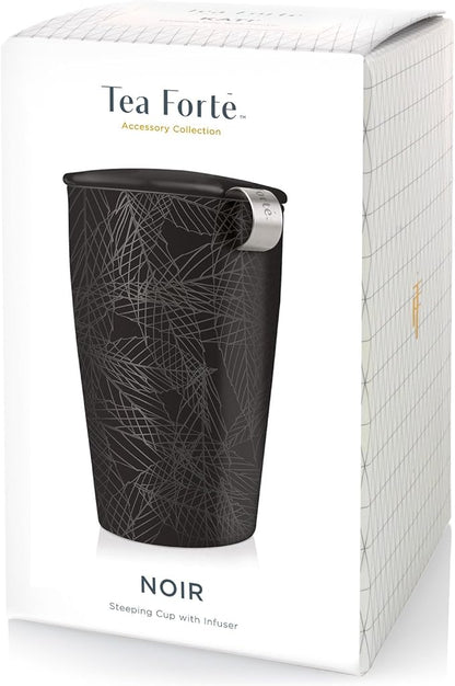 Tea Forte Noir Double-Walled Ceramic Kati Cup with Removable Stainless Steel Infuser Basket and Lid, Steeps 12 oz Loose Leaf Tea, Lid and Cup Dishwasher & Microwave Safe