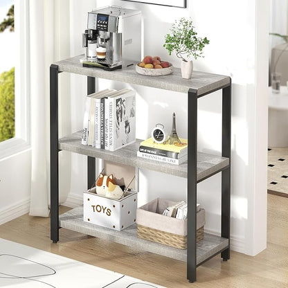 FOLUBAN 3 Tier Bookshelf, Industrial Wood and Metal Book Shelf and Bookcase, Short Book Case for Office Living Room Bedroom, Light Grey