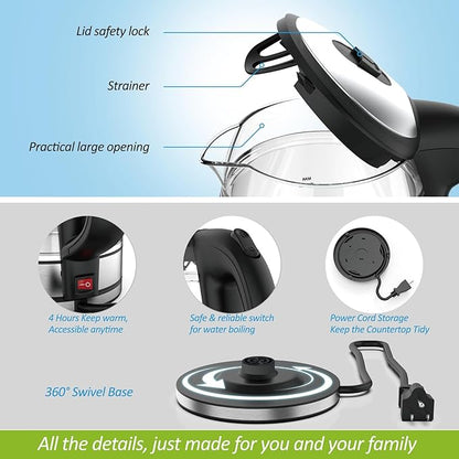 Glass & Stainless Steel Cordless Electric kettle for boiling water, Hot water boiler Electric Tea Kettle automatic shut off Boil-Dry Protection, PC Outer + Glass Inner, 1500W, 1.7L, BK
