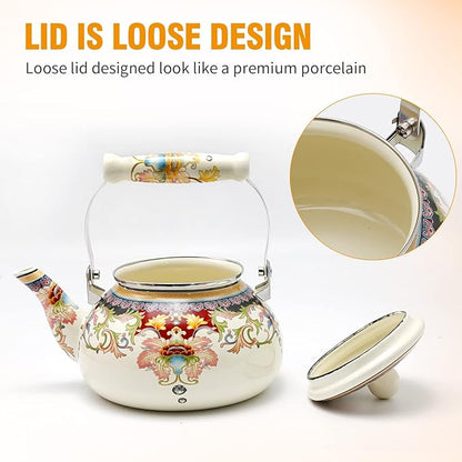 2.5L White Flowered Tea Kettle with Ceramic Handle, Floral Ceramic Enamel Teapot for Stovetop, No Whistle
