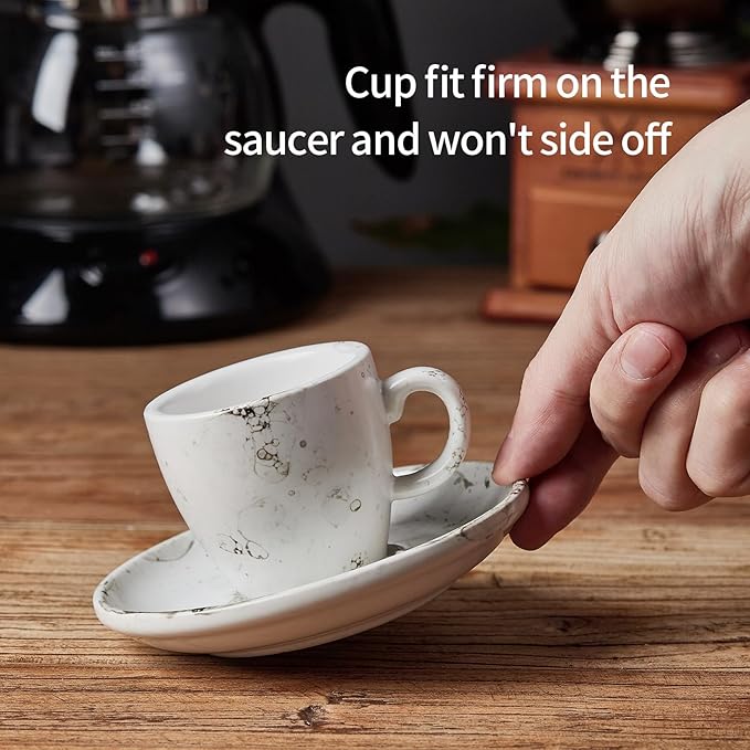 SIDUCAL Espresso Cups Set of 6,2 Ounce Ceramic Coffee Cups with Saucers,Porcelain Double Espresso Shot Cup Set,Gift Box for Boyfriend Gift(White)